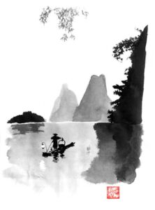 pescador japones en tinta sumi